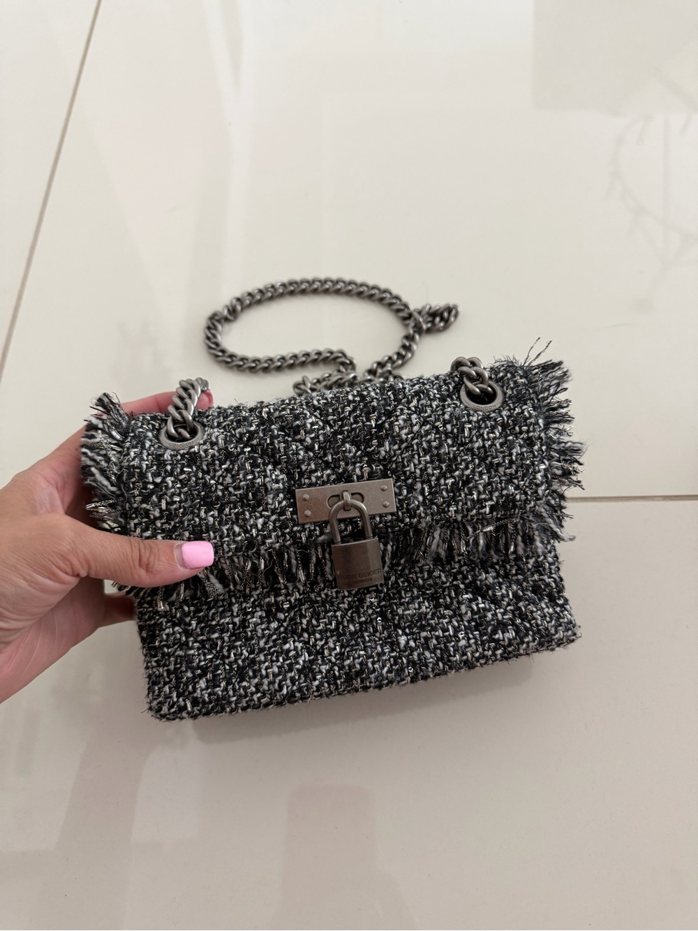 Kurt Geiger Black & White Tweed Chain Crossbody